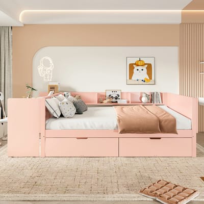 VVBV Houten Bed 140x200 cm met Planken, Bureau - 2 Lades - Massief Hout/Spaanplaat Roze - Zonder Matras
