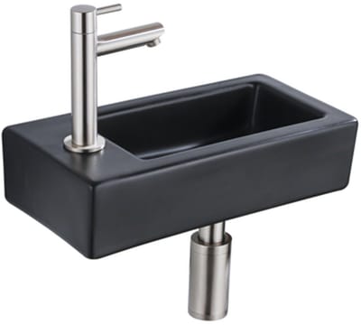 FugaFlow Efficiente Pietra Fonteinset - 37.5x18.5x9cm - keramiek - kraangat links - fonteinkraan geborsteld RVS - afvoerplug - verlaagd sifon - Mat Zwart