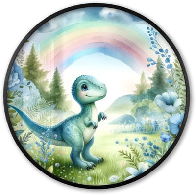Poster in lijst Rond - Fotolijst 60x60 cm - Posters - Dino - Baby - Regenboog - Dinosaurus - Ronde posterlijst zwart - Decoratie - Wanddecoratie woonkamer - Muurdecoratie slaapkamer