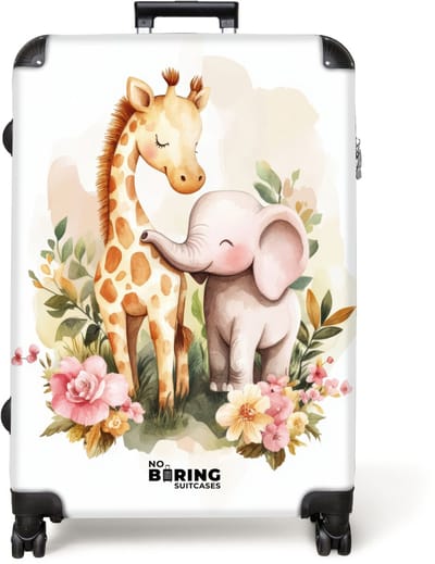 NoBoringSuitcases.com® - Koffer groot - Reiskoffer lichtgewicht - Giraffe en olifant tussen bloemen op witte achtergrond - Rolkoffer met 4 wielen - Grote trolley XL - 98 liter bagage