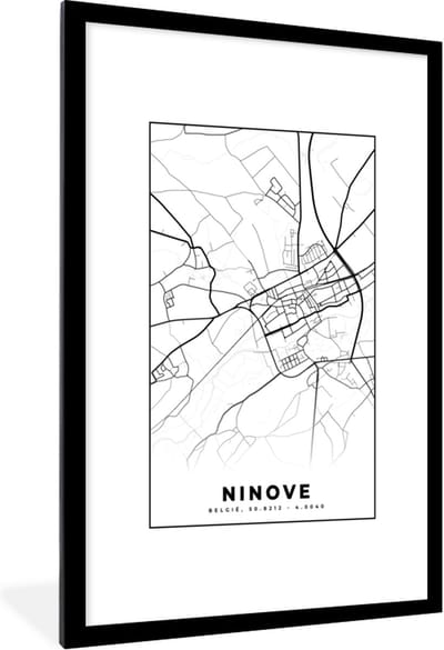 Fotolijst incl. Poster Zwart Wit- Stadskaart – Plattegrond – België – Zwart Wit – Ninove – Kaart - 80x120 cm - Posterlijst