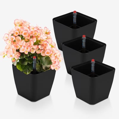 Zelfbewaterende Pot - Kruidenpot Waterreservoir - Planten Verzorgen - Waterpeilindicator - 13 x 13 x 17 cm - Zwart