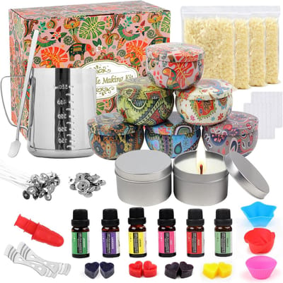Famanu - DIY geurkaars maken kit, DIY set met premium geurende bijenwas, 8 blikken, 6 geuren, 8 kleurstofblokken, 550 ml smeltpot en meer