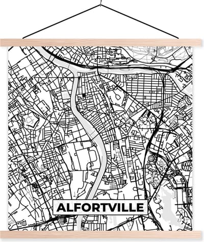 Posterhanger incl. Poster 40x40 cm - Schoolplaat - Stadskaart - Plattegrond - Kaart - Alfortville - Frankrijk - Zwart wit - Textielposter - Blanke latten - Stadskaart