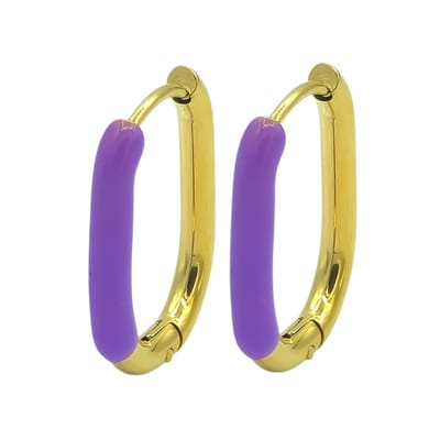 Goldplated U-Huggie oorbellen van staal met paarse emaille (21 x 16mm)
