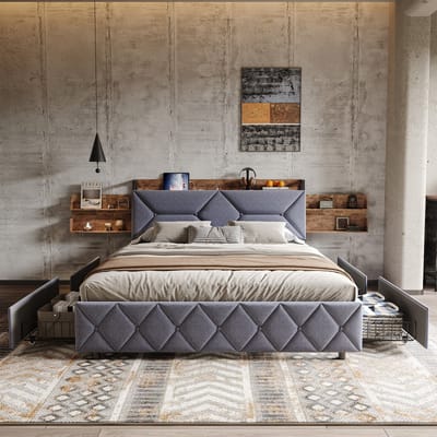 Opbergbed 160x200 cm – Tweepersoonsbed met 4 Lades, USB- en Type-C-Oplaadpoorten en Comfortabele Rugleuning