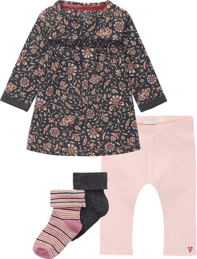 Noppies - Kledingset - 4delig - Jurk Shelby Phantom Grijs met bloemen - Legging Pinetown Camea Rose - 2paar sokjes - Maat 56