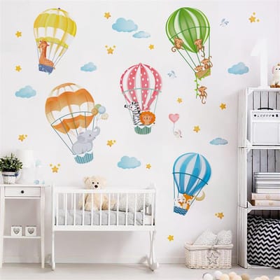 Allecto - Muurstickers - Dierlijke Hete Lucht Ballonnen - Wanddecoratie - Geschikt voor Kinderkamer - Olifant Giraffe Aap - Grappige Dieren Decoratie