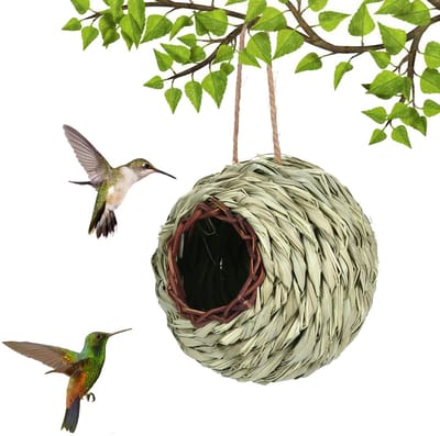 Bolvormig vogelnest - Handgemaakte nestbol, hangend vogelhuisje | Natuurlijke grasschuilplaats voor vinken en winterkoninkjes, strohut, nestdecoratie voor buiten, rustieke leefbal, ronde, gezellige