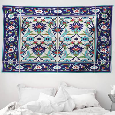 ABAKUHAUS Turks patroon wandtapijt en sprei, tulpen en madeliefjes, 230 x 140 cm, rood en blauw