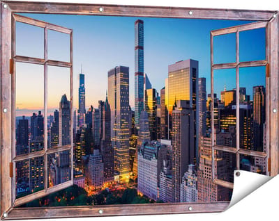 Gards Tuinposter Doorkijk New York bij Zonsopgang - 120x80 cm - Tuindoek - Tuindecoratie - Wanddecoratie buiten - Tuinschilderij