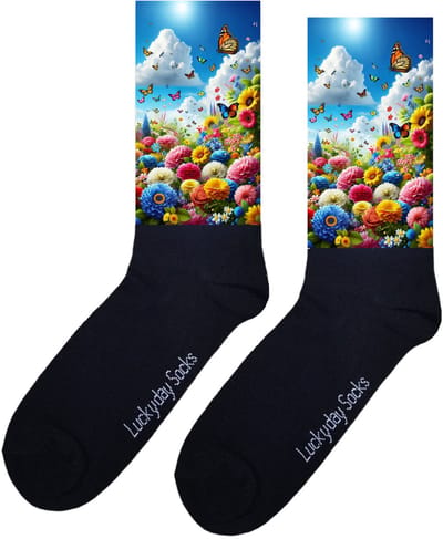 Bloemenveld - Valentijns Cadeau - Grappige sokken - Leuke sokken - Hem Haar sokken - Vrolijke sokken - Sint cadeau - Vaderdag - Moederdag - Verjaardag cadeau - Kerst cadeau - Leuk Cadeau - Natuur - Vlinders - Print sokken - Socks maken Happy - 37-44