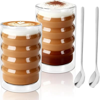 Macchiato glazen, dubbelwandig, set van 2, 400 ml, thermoglazen, dubbelwandige koffieglazen met 2 lepels, glazen cappuccinokopjes, set van cappuccinoglazen van borosilicaatglas