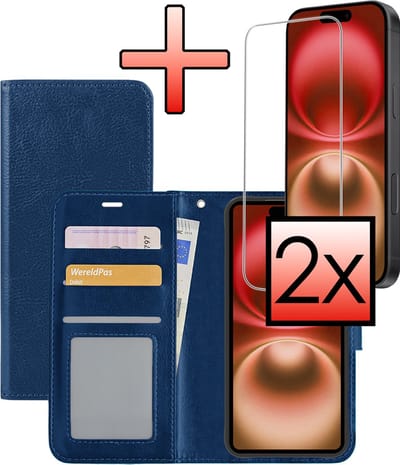 Hoesje - Met 2x Screenprotector - Geschikt voor Apple iPhone 16 - Luxe Pasjeshouder - Bookcase Portemonee - Flip Case - Kunstleer Book Case - Flipcase Hoes - Book Cover - Walletcase - Portemonneehoes - Donkerblauw