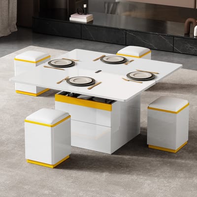Wishdor - Salontafelset Met 4 Krukken - Verstelbaar En Uitklapbaar - Modern - Woonkamer - MDF En Spaanplaat - Wit En Geel - 100 x 50 x 43 cm