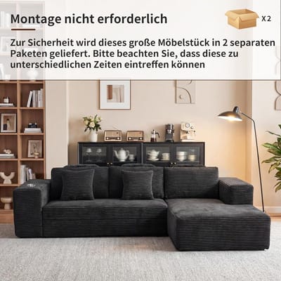 Modulaire L-vormige slaapbank 272 x 175 cm – Extra diepe hoekbank met chaise longue links, corduroy stof, frameloos design, 3-zits – Pauwhome