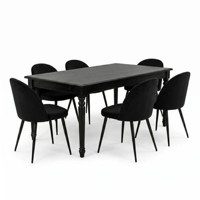 Amaretta eethoek tafel zwart 6 stoelen velours zwart.