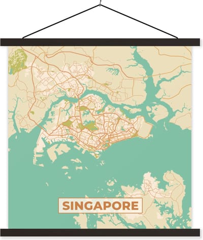 Posterhanger incl. Poster 60x60 cm - Schoolplaat - Singapore - Plattegrond - Stadskaart - Vintage - Kaart - Textielposter - Zwarte latten - Stadskaart