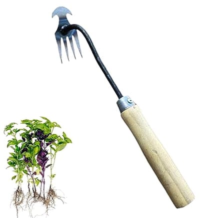 Handmatige Onkruidtrekker voor Tuin en Terras - 4-Tanden Grasschouwer met Houten Handvat
