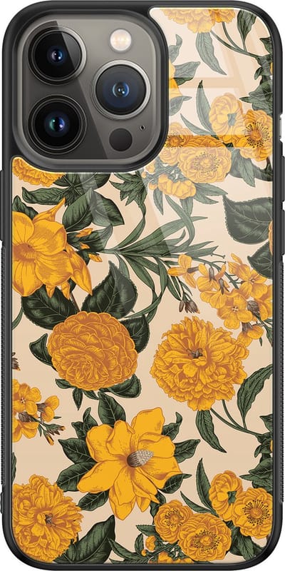 Hoesje geschikt voor iPhone 13 Pro Max - Retro flowers - Luxe Glazen Hardcase - Bloemen - Geel - Leuke Telefoonhoesjes
