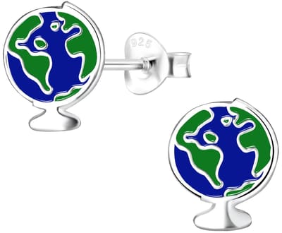 Joy|S - Zilveren wereldbol oorbellen - globe oorknoppen - groen blauw