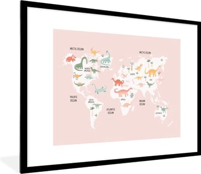 Wereldkaart - Kinderen - Dino - Schoolplaat - Kinderkamer - 80x60 cm