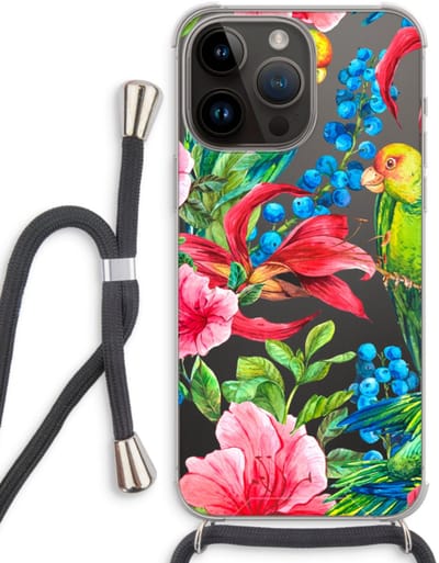 Case Company® - Hoesje met koord geschikt voor iPhone 14 Pro Max hoesje met Koord - Papegaaien - Telefoonhoesje met Zwart Koord - Bescherming aan alle Kanten en Over de Schermrand