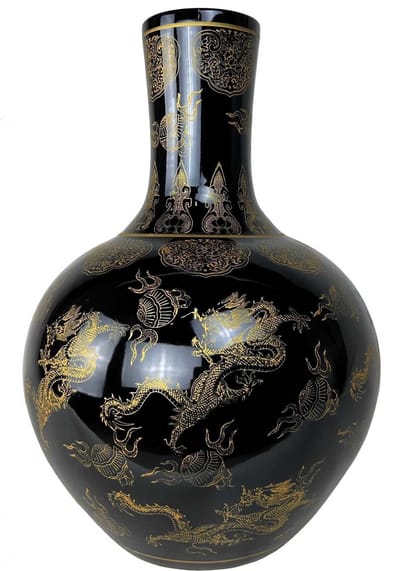 Fine Asianliving Chinese Vaas Zwart Draken Goud Handgemaakt D41xH57cm