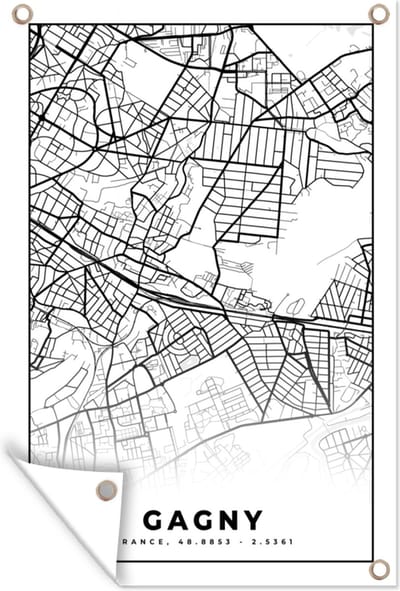 Muurdecoratie Gagny - Stadskaart – Plattegrond – Kaart – Frankrijk - Zwart wit - 120x180 cm - Tuinposter - Tuindoek