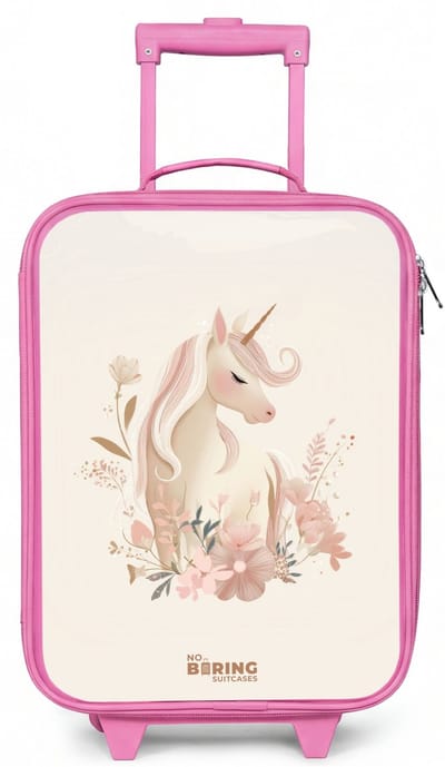 NoBoringSuitcases.com® - Kinderkoffer roze - Kindertrolley meisje - Eenhoorn tussen bloemen in roze pastel kleuren - Koffer kind lichtgewicht - Reiskoffer trolley voor kinderen - Koffertje met lichtgevende wieltjes - Rolkoffer