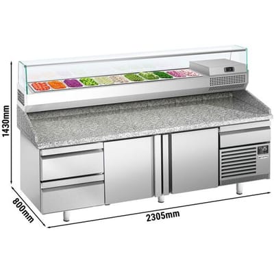 GGM Gastro Pizzakühltisch Premium PLUS - 2305x800mm - mit 2 Türen & 3 Schubladen - inkl. Kühlaufsatzvitrine - 11x GN 1/4 Zilver