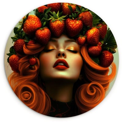 WallCircle® Wandcirkel 120x120 cm - Muurcirkel Vrouw - Aardbeien - Kroon - Muurdecoratie woonkamer - Wanddecoratie slaapkamer - Kamer decoratie accessoires - Ronde schilderijen XXL