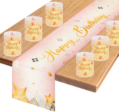 Tafeldecoratie Verjaardag Set - Roze Tafelrunner en 6 Windlichten in Linnen Stijl