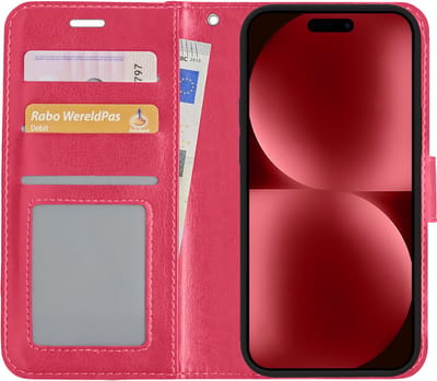 Hoesje - Met Pasjeshouder - Geschikt voor Apple iPhone 15 Plus - Luxe Bookcase Portemonee - Flip Case - Kunstleer Book Case - Flipcase - Book Cover - Walletcase - Portemonneehoes - Donkerroze