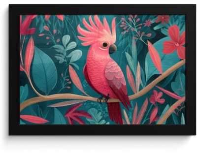 Poster in lijst - Fotolijst 30x20 cm - Posters - Kaketoe - Tropische bladeren - Tak - Posterlijst zwart - Decoratie - Wanddecoratie woonkamer - Muurdecoratie slaapkamer