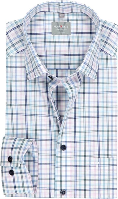 MARVELIS comfort fit overhemd - popeline - wit met blauw - groen en roze geruit - Strijkvrij - Boordmaat: 41 (EU maat: L)