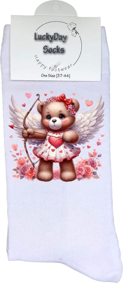 Cupido - Valentijn sokken - Grappige sokken - Leuke sokken - Hem Haar sokken - Vrolijke sokken - Beertje - Valentijn Cadeau - Vaderdag - Moederdag - Verjaardag cadeau - Kerst cadeau - Leuk Cadeau - Liefde - Hartje - Sokken maken Happy - Maat 37-44