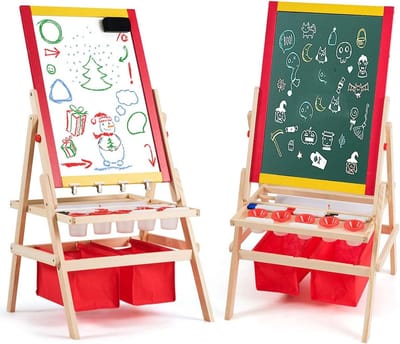 COSTWAY 3-in-1 kinderschildersezel, whiteboard & krijtbord & rol tekenpapier, kinderbord dubbelzijdig, staand bord, speelbord, houten bord, incl. 2 opbergdozen en accessoires