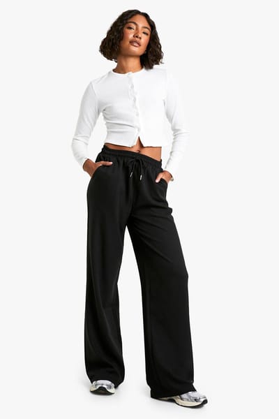 boohoo Dames Hoge, getailleerde broek met trekkoordceintuur en wijde pijpen | Black | Maat: 8