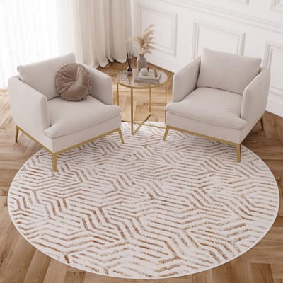Tapiso Crystal Rond Vloerkleed Beige Bruin Laagpolig Lijnen Tapijt Maat- 80x80
