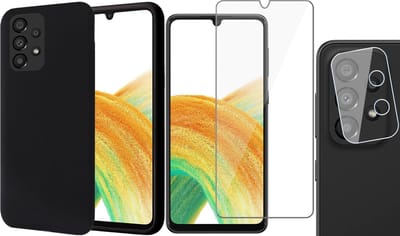 Hoesje geschikt voor Samsung Galaxy A33 - Matte Back Cover Microvezel Siliconen Case Hoes Zwart - Tempered Glass Screenprotector - Camera Lens Protector