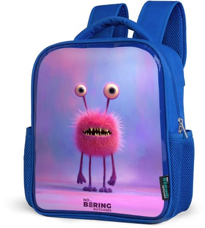 NoBoringSuitcases.com® - Rugzak blauw - Schooltas jongens - Roze harig monster met grote ogen - Kinder rugtas jongen - Boekentas kind - Kinderrugzak voor school - Schoolrugzak