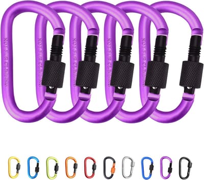 Set van 5 Paarse Aluminium Carabiners van 8 cm - D-Ring Haak voor Sleutels, Camping, Wandelen en Vissen