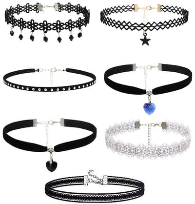 Dailygoods - 7 stuks choker voor dames, fluwelen choker met zwarte band, voor vrouwen en meisjes, stretch tattoo-halsketting, stijl voor vrouwen en meisjes, zwart fluweel