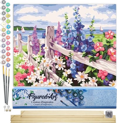 Figured'Art Schilderen op Nummer Volwassenen canvas Bloemen en kustachtergrond- Handwerk acrylverf Kit DIY Compleet - 40x50cm met DIY houten lijst