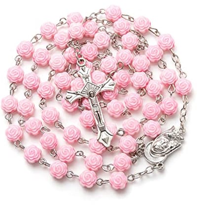 Rozenkrans - Katholieke kralen - Religieuze uiting - Bloemvormige kralen - 42 cm lang - Roze
