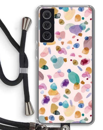 Case Company® - Hoesje met koord geschikt voor Samsung Galaxy S21 FE hoesje met Koord - Terrazzo Memphis - Telefoonhoesje met Zwart Koord - Bescherming aan alle Kanten en Over de Schermrand
