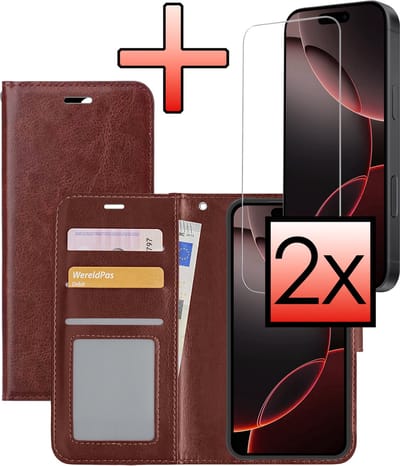 Hoesje - Met 2x Screenprotector - Geschikt voor Apple iPhone 16 Pro - Luxe Pasjeshouder - Bookcase Portemonee - Flip Case - Kunstleer Book Case - Flipcase Hoes - Book Cover - Walletcase - Portemonneehoes - Bruin