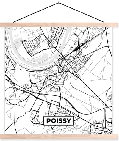 Posterhanger incl. Poster 40x40 cm - Schoolplaat - Kaart - Stadskaart - Frankrijk - Poissy - Plattegrond - Zwart wit - Textielposter - Blanke latten - Stadskaart