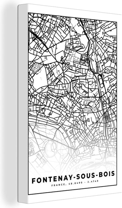 Canvas Schilderij Frankrijk - Plattegrond - Fontenay-sous-Bois - Stadskaart - Kaart - Zwart wit - 20x30 cm - Wanddecoratie